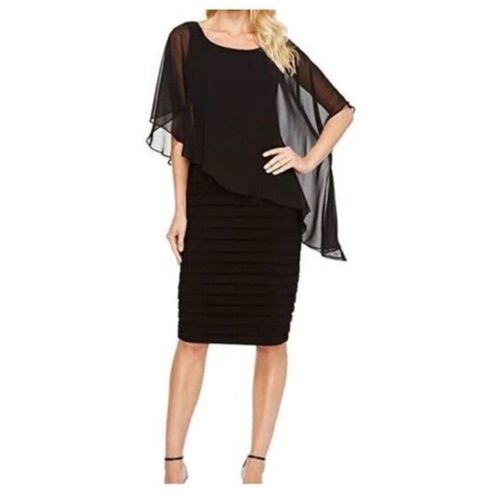Adrianna Papell Chiffon Overlay Drape Asymmetrical Dress Womens 10 Black